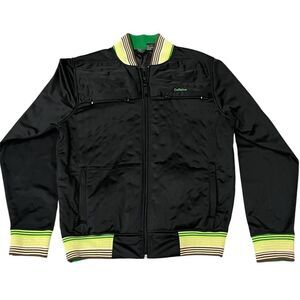 Vintage Caffeine Track Jacket Black Green Striped 90s Rave Skate CyberCaf Zip Up